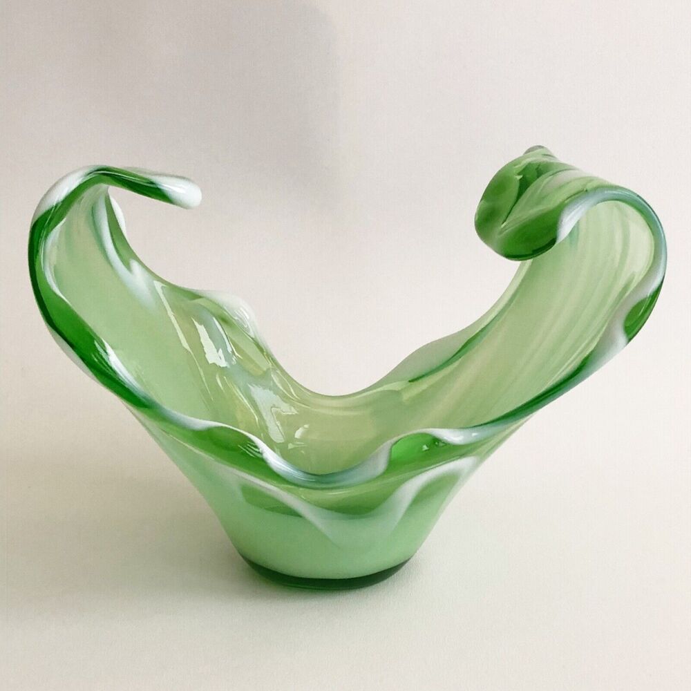 Murano ? Hand Blown Art Glass Milk Green Vessel Console Bowl Wave White Ribbon - Picture 4 of 11